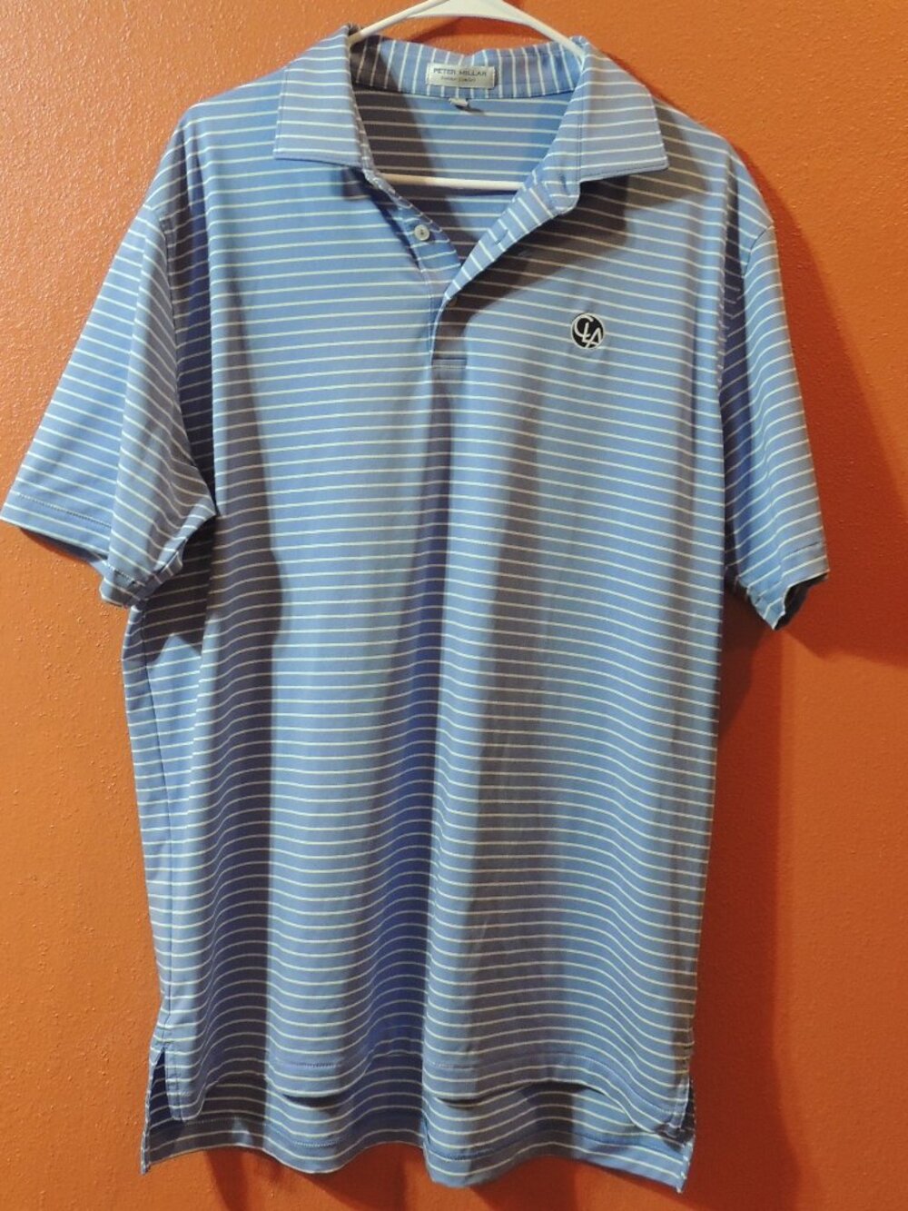 Peter Millar Golf Shirt Men Large Blue White Stripe Short Sleeve Golfing Shirt